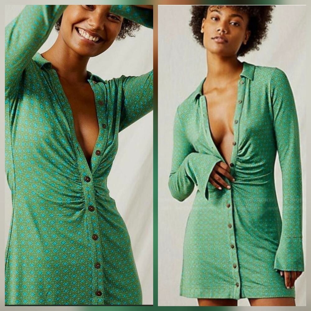 Free People Shayla Long Sleeve Mini Dress Size S Green Western Boho